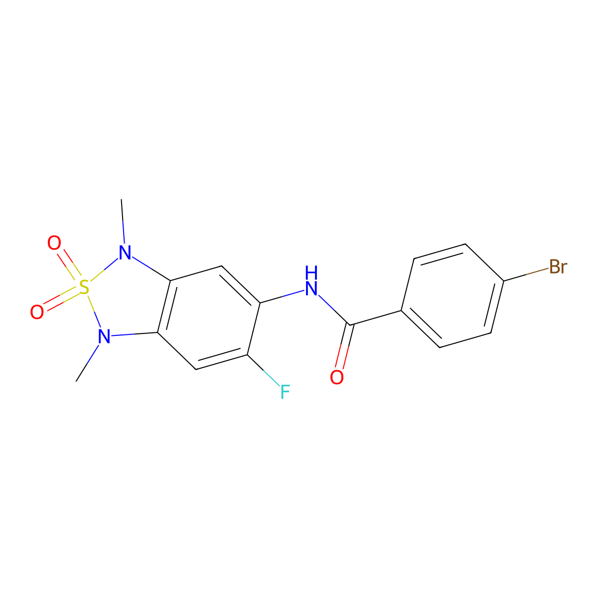 4-bromo-N-(6-fluoro-1,3-dimethyl-2,2-dioxido-1,3-dihydrobenzo[c][1,2,5]thiadiazol-5-yl)benzamide molecular structure, CAS 2034261-28-2