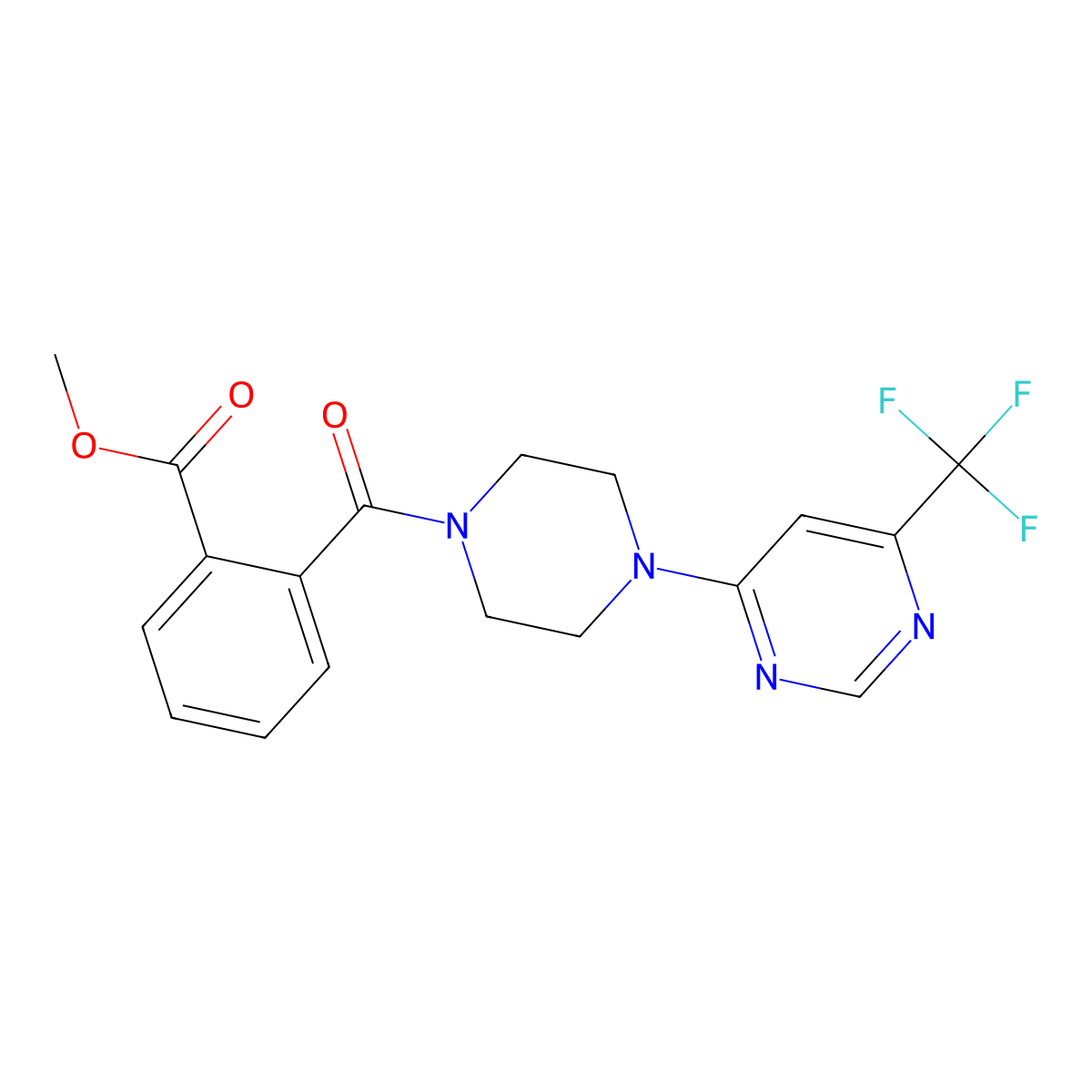 Methyl 2-{4-[6-(trifluoromethyl)pyrimidin-4-yl]piperazine-1-carbonyl}benzoate molecular structure, CAS 2034261-36-2