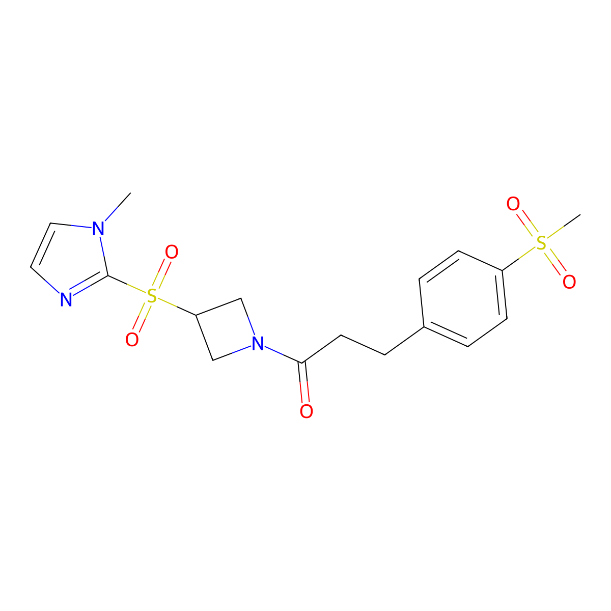 1-(3-((1-methyl-1H-imidazol-2-yl)sulfonyl)azetidin-1-yl)-3-(4-(methylsulfonyl)phenyl)propan-1-one molecular structure, CAS 2034261-39-5