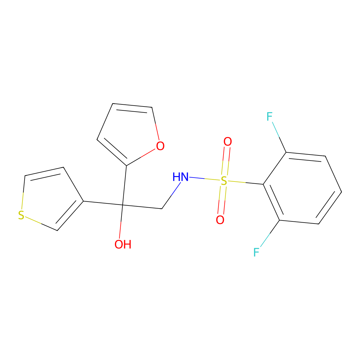 2,6-difluoro-N-(2-(furan-2-yl)-2-hydroxy-2-(thiophen-3-yl)ethyl)benzenesulfonamide molecular structure, CAS 2034261-45-3