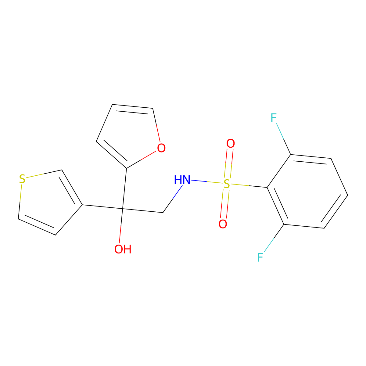 2,6-difluoro-N-(2-(furan-2-yl)-2-hydroxy-2-(thiophen-3-yl)ethyl)benzenesulfonamide molecular structure, CAS 2034261-45-3