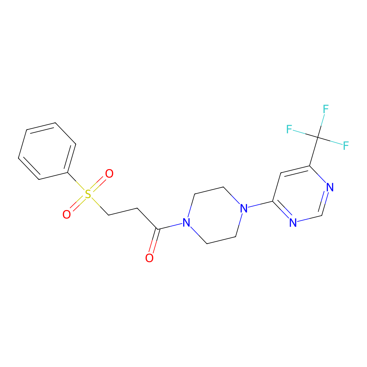 3-(Phenylsulfonyl)-1-(4-(6-(trifluoromethyl)pyrimidin-4-yl)piperazin-1-yl)propan-1-one molecular structure, CAS 2034261-49-7