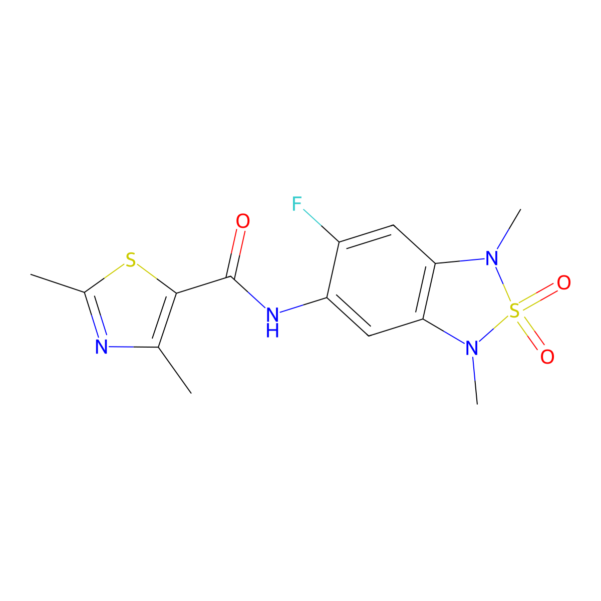 N-(6-fluoro-1,3-dimethyl-2,2-dioxido-1,3-dihydrobenzo[c][1,2,5]thiadiazol-5-yl)-2,4-dimethylthiazole-5-carboxamide molecular structure, CAS 2034261-53-3
