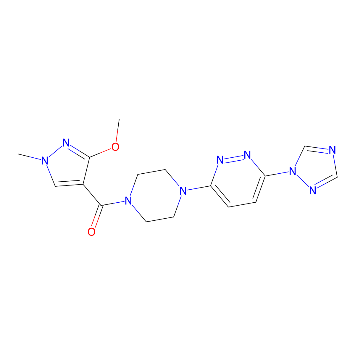 (4-(6-(1H-1,2,4-triazol-1-yl)pyridazin-3-yl)piperazin-1-yl)(3-methoxy-1-methyl-1H-pyrazol-4-yl)methanone molecular structure, CAS 2034261-56-6