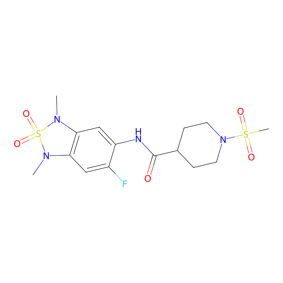 N-(6-fluoro-1,3-dimethyl-2,2-dioxido-1,3-dihydrobenzo[c][1,2,5]thiadiazol-5-yl)-1-(methylsulfonyl)piperidine-4-carboxamide molecular structure, CAS 2034261-70-4