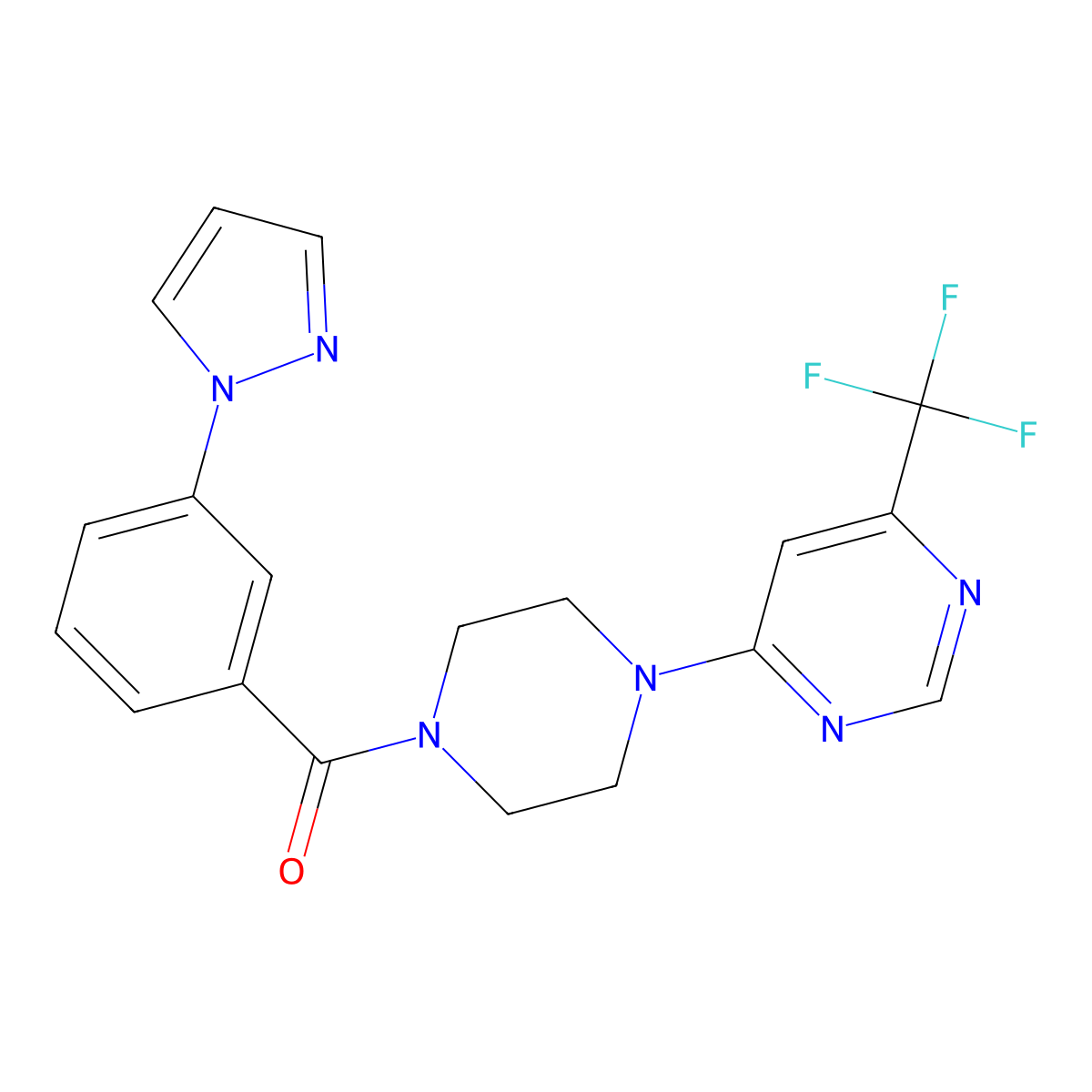 (3-(1H-pyrazol-1-yl)phenyl)(4-(6-(trifluoromethyl)pyrimidin-4-yl)piperazin-1-yl)methanone molecular structure, CAS 2034261-71-5