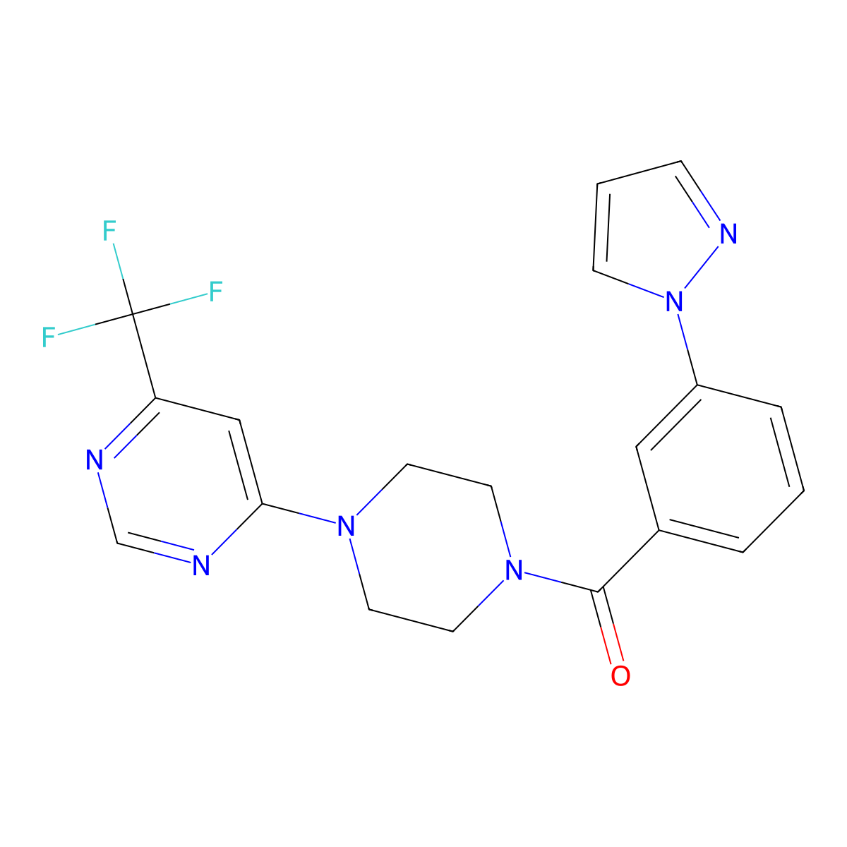 (3-(1H-pyrazol-1-yl)phenyl)(4-(6-(trifluoromethyl)pyrimidin-4-yl)piperazin-1-yl)methanone molecular structure, CAS 2034261-71-5