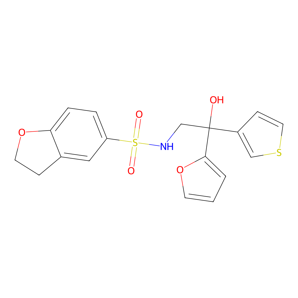 N-(2-(furan-2-yl)-2-hydroxy-2-(thiophen-3-yl)ethyl)-2,3-dihydrobenzofuran-5-sulfonamide molecular structure, CAS 2034261-73-7