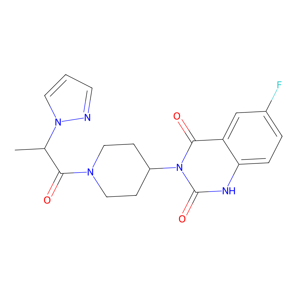 3-(1-(2-(1H-pyrazol-1-yl)propanoyl)piperidin-4-yl)-6-fluoroquinazoline-2,4(1H,3H)-dione molecular structure, CAS 2034261-82-8