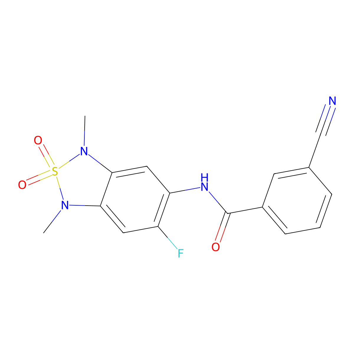 3-cyano-N-(6-fluoro-1,3-dimethyl-2,2-dioxido-1,3-dihydrobenzo[c][1,2,5]thiadiazol-5-yl)benzamide molecular structure, CAS 2034261-84-0