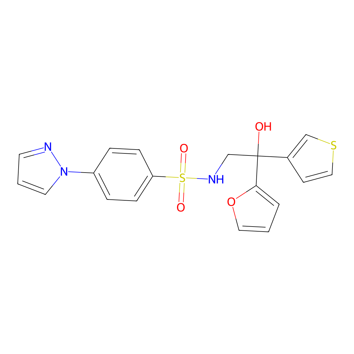 N-(2-(furan-2-yl)-2-hydroxy-2-(thiophen-3-yl)ethyl)-4-(1H-pyrazol-1-yl)benzenesulfonamide molecular structure, CAS 2034261-91-9