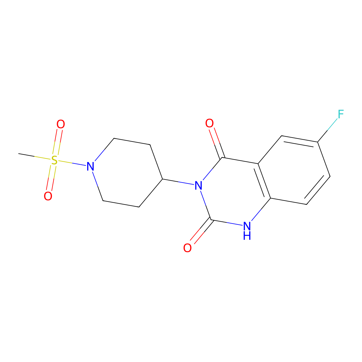 6-fluoro-3-(1-(methylsulfonyl)piperidin-4-yl)quinazoline-2,4(1H,3H)-dione molecular structure, CAS 2034261-92-0