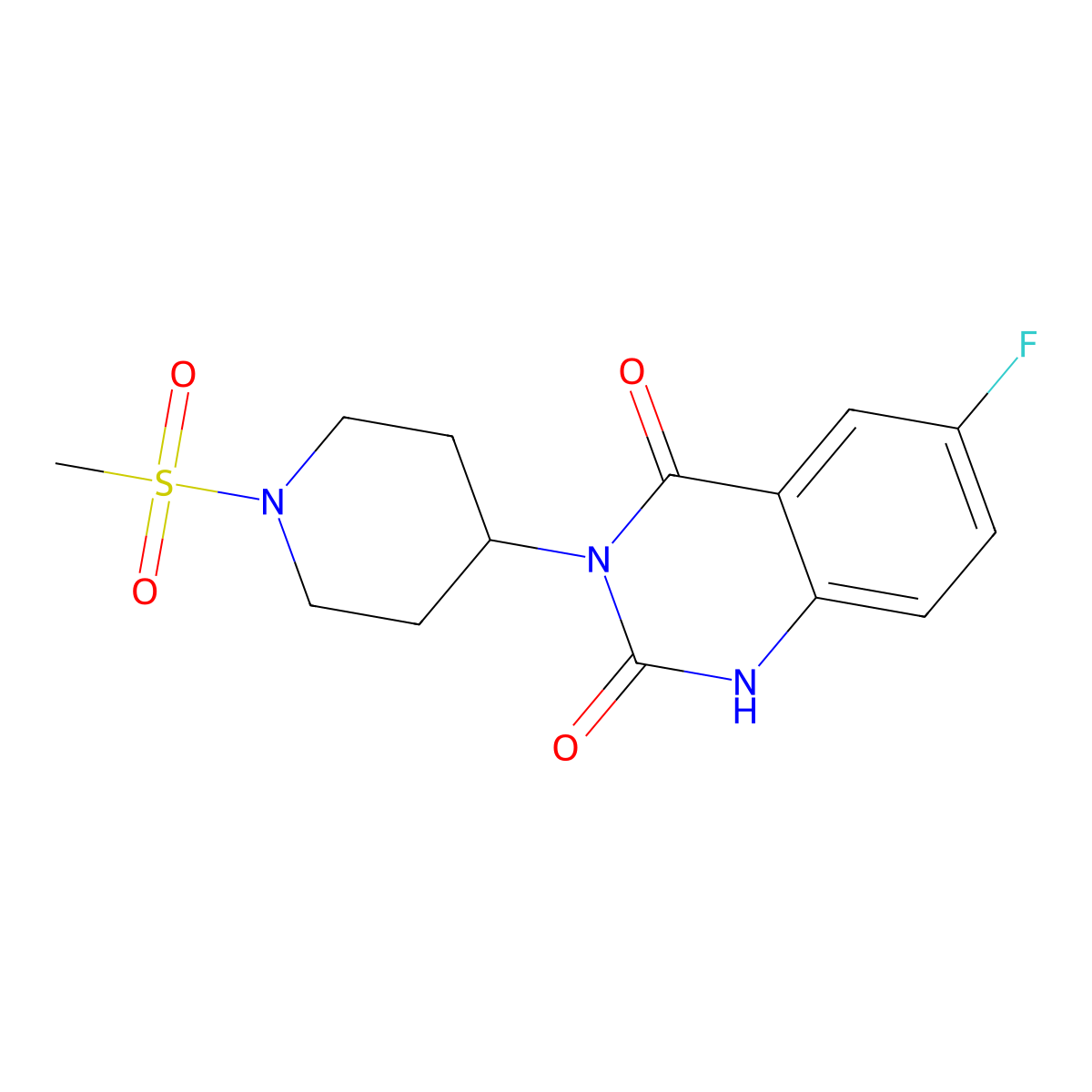 6-fluoro-3-(1-(methylsulfonyl)piperidin-4-yl)quinazoline-2,4(1H,3H)-dione molecular structure, CAS 2034261-92-0
