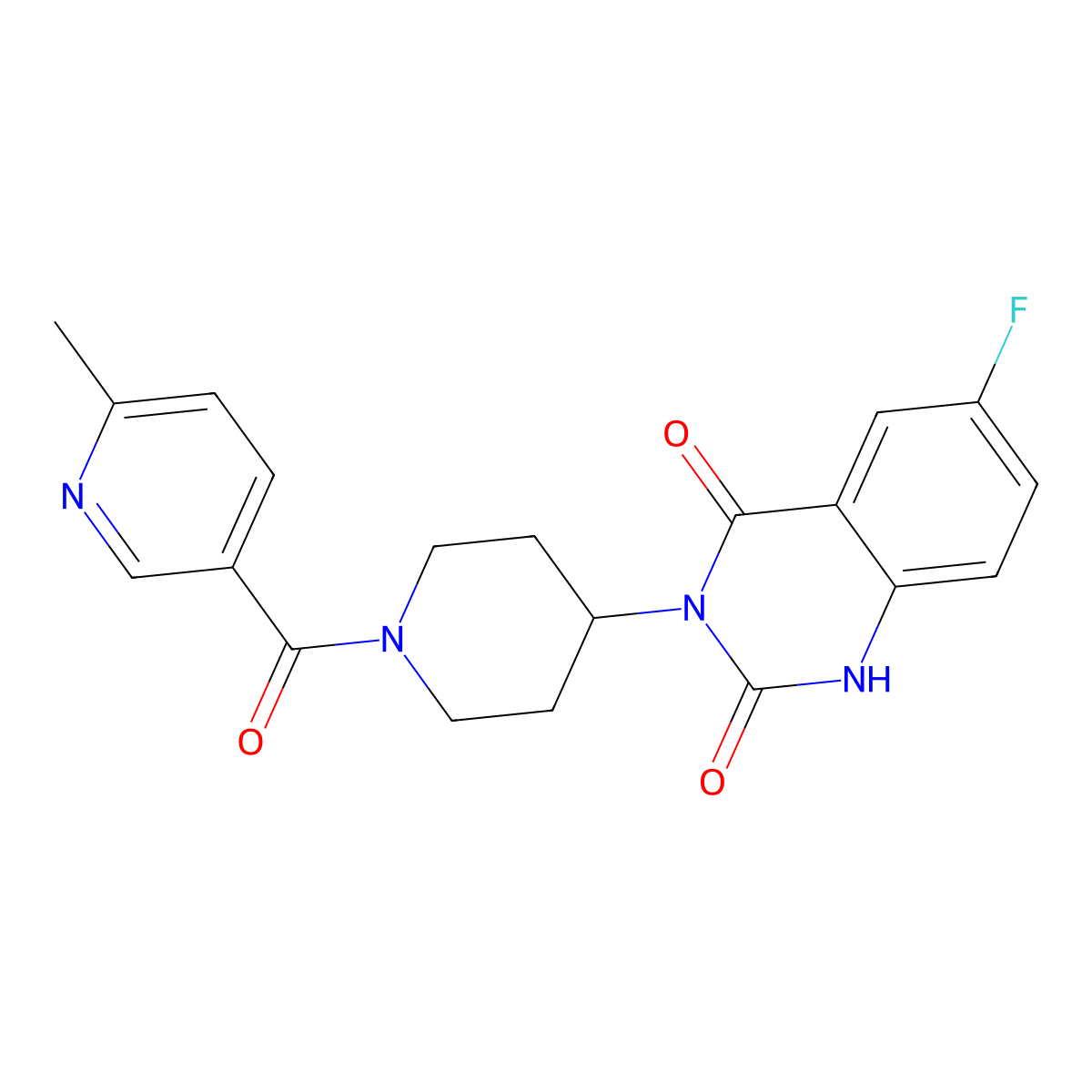 6-fluoro-3-(1-(6-methylnicotinoyl)piperidin-4-yl)quinazoline-2,4(1H,3H)-dione molecular structure, CAS 2034261-99-7