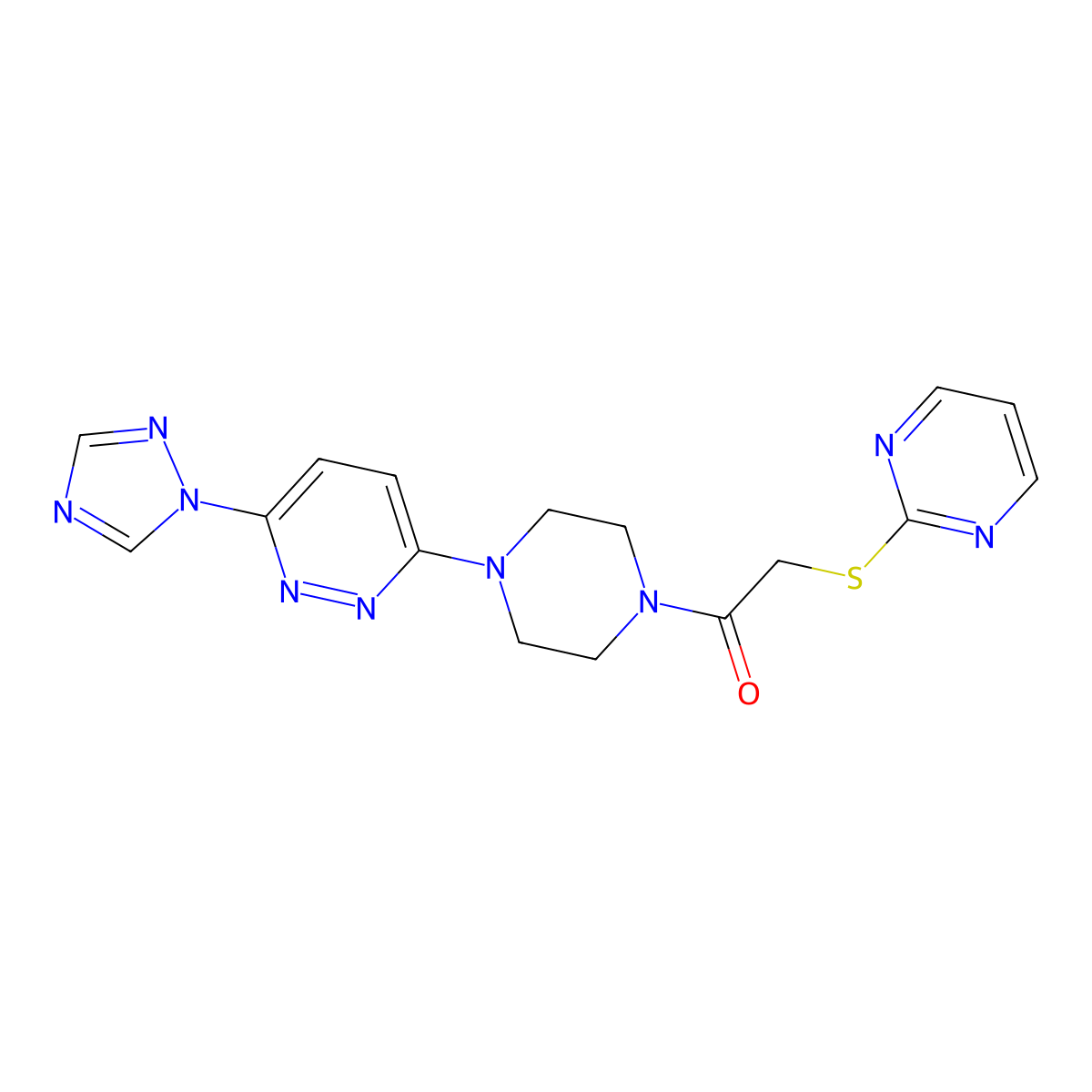 2-(pyrimidin-2-ylsulfanyl)-1-{4-[6-(1H-1,2,4-triazol-1-yl)pyridazin-3-yl]piperazin-1-yl}ethan-1-one molecular structure, CAS 2034262-02-5