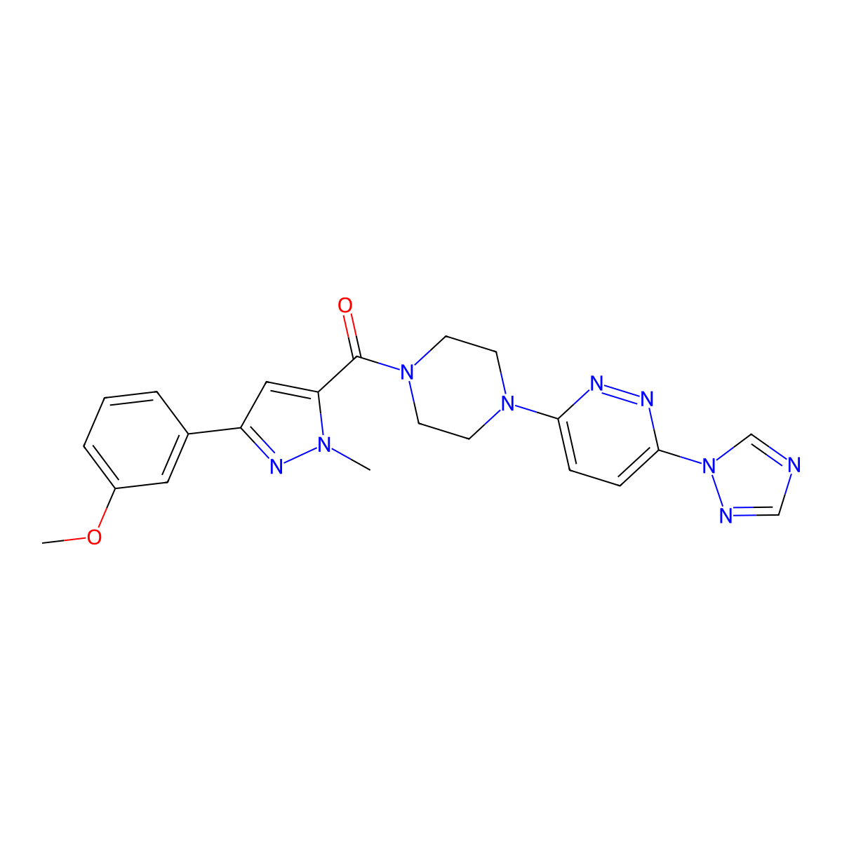 (4-(6-(1H-1,2,4-triazol-1-yl)pyridazin-3-yl)piperazin-1-yl)(3-(3-methoxyphenyl)-1-methyl-1H-pyrazol-5-yl)methanone molecular structure, CAS 2034262-10-5