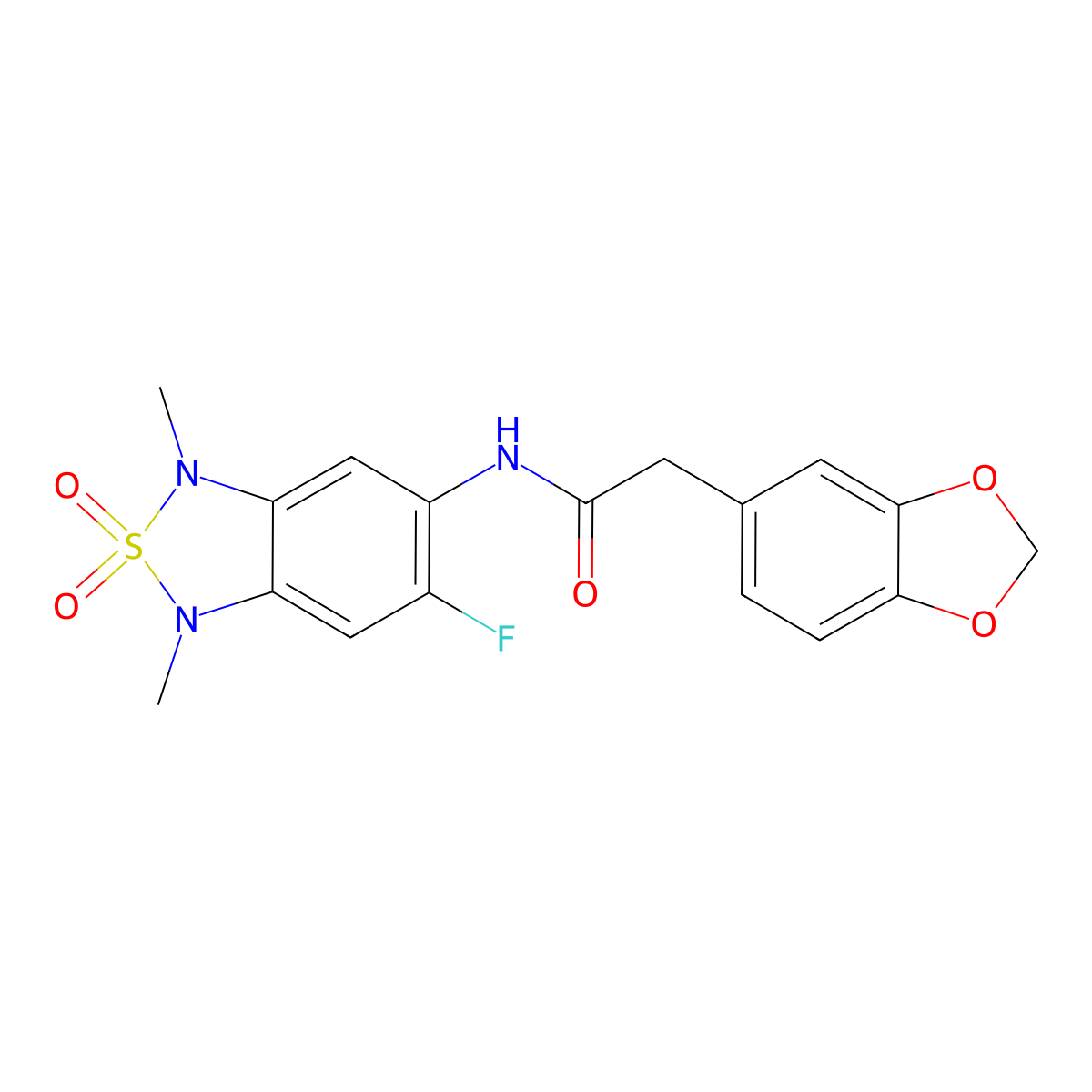 2-(benzo[d][1,3]dioxol-5-yl)-N-(6-fluoro-1,3-dimethyl-2,2-dioxido-1,3-dihydrobenzo[c][1,2,5]thiadiazol-5-yl)acetamide molecular structure, CAS 2034262-16-1