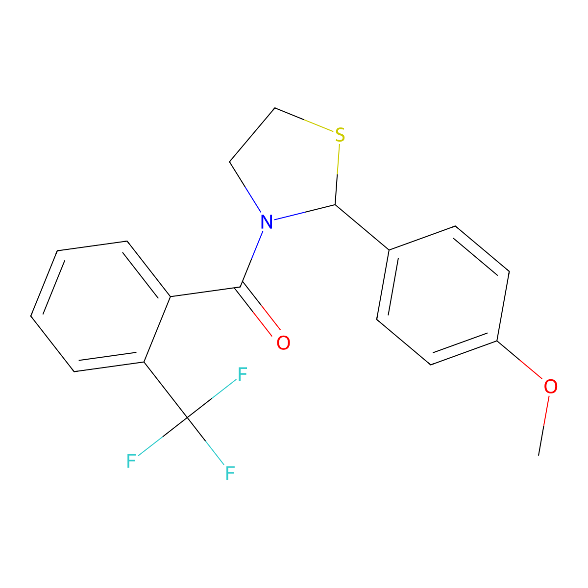 (2-(4-Methoxyphenyl)thiazolidin-3-yl)(2-(trifluoromethyl)phenyl)methanone molecular structure, CAS 2034262-19-4