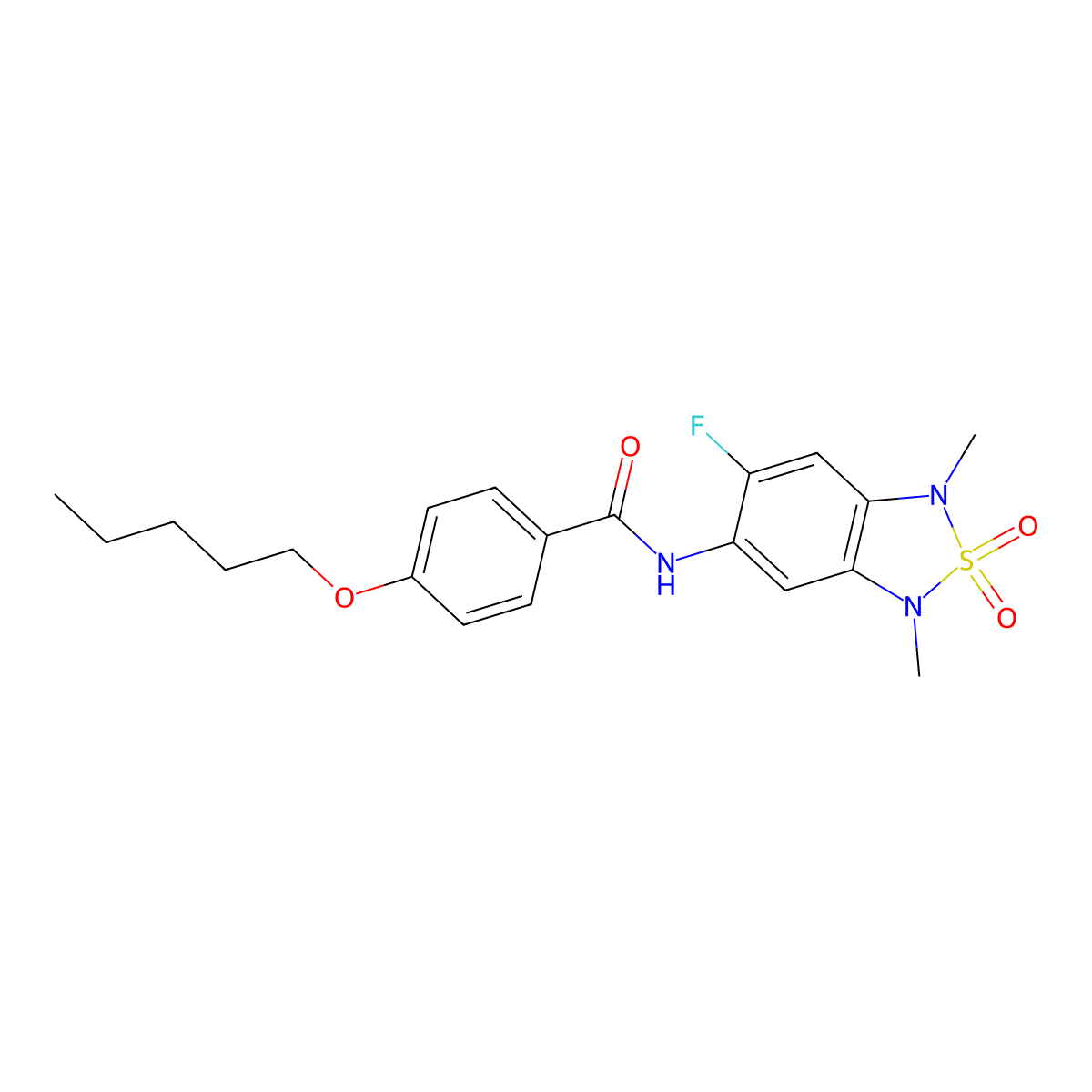 N-(6-fluoro-1,3-dimethyl-2,2-dioxido-1,3-dihydrobenzo[c][1,2,5]thiadiazol-5-yl)-4-(pentyloxy)benzamide molecular structure, CAS 2034262-38-7