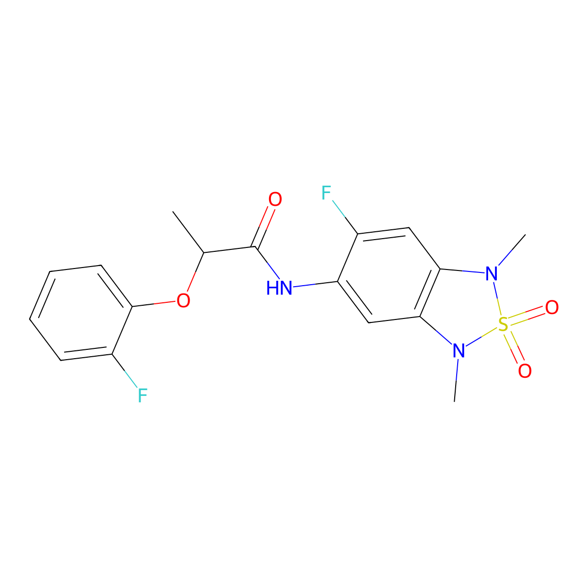 N-(6-fluoro-1,3-dimethyl-2,2-dioxido-1,3-dihydrobenzo[c][1,2,5]thiadiazol-5-yl)-2-(2-fluorophenoxy)propanamide molecular structure, CAS 2034262-46-7