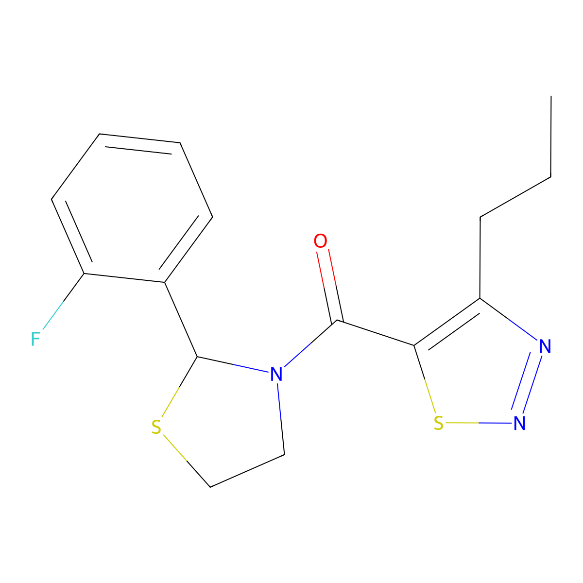 (2-(2-Fluorophenyl)thiazolidin-3-yl)(4-propyl-1,2,3-thiadiazol-5-yl)methanone molecular structure, CAS 2034262-48-9