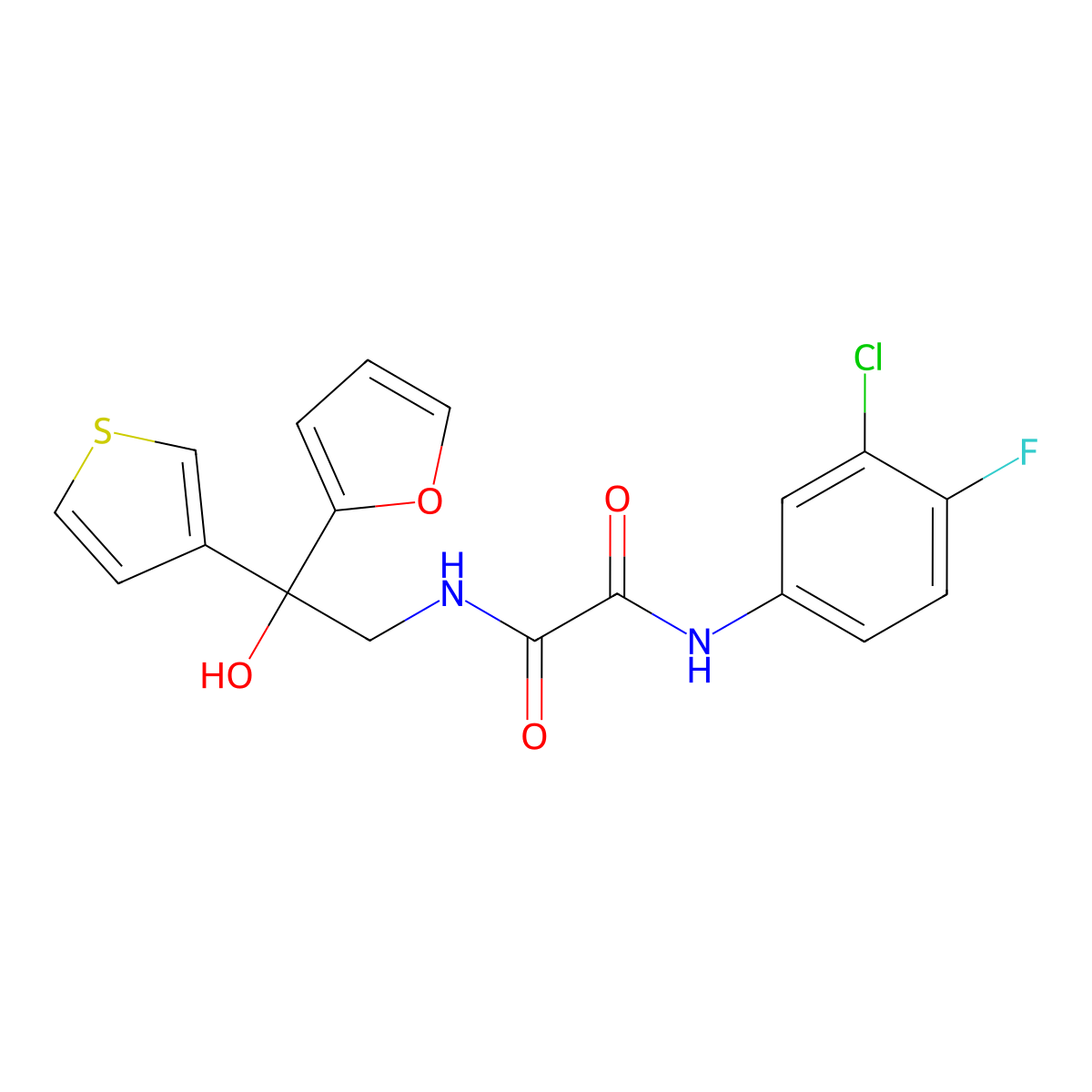 N1-(3-chloro-4-fluorophenyl)-N2-(2-(furan-2-yl)-2-hydroxy-2-(thiophen-3-yl)ethyl)oxalamide molecular structure, CAS 2034262-49-0