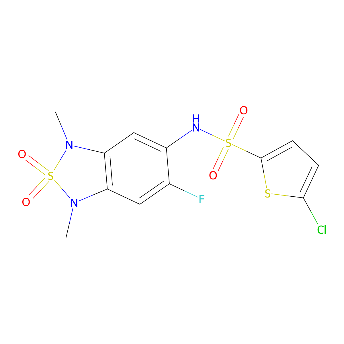 5-chloro-N-(6-fluoro-1,3-dimethyl-2,2-dioxido-1,3-dihydrobenzo[c][1,2,5]thiadiazol-5-yl)thiophene-2-sulfonamide molecular structure, CAS 2034262-57-0