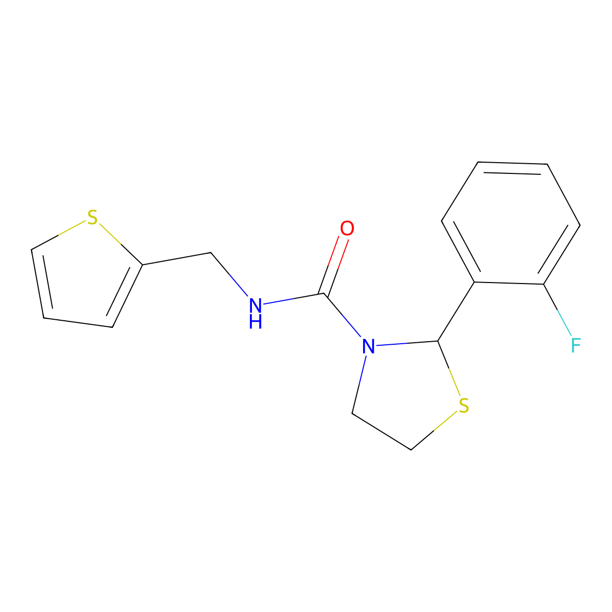 2-(2-fluorophenyl)-N-(thiophen-2-ylmethyl)thiazolidine-3-carboxamide molecular structure, CAS 2034262-60-5