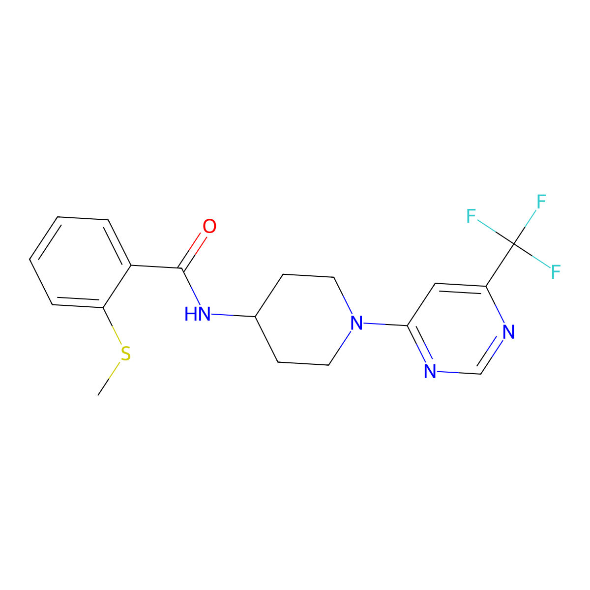 2-(methylthio)-N-(1-(6-(trifluoromethyl)pyrimidin-4-yl)piperidin-4-yl)benzamide molecular structure, CAS 2034262-63-8