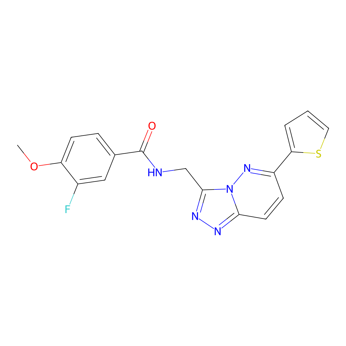 3-fluoro-4-methoxy-N-((6-(thiophen-2-yl)-[1,2,4]triazolo[4,3-b]pyridazin-3-yl)methyl)benzamide molecular structure, CAS 2034262-67-2