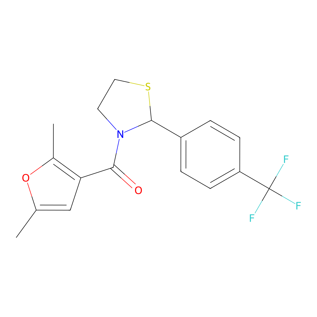 (2,5-Dimethylfuran-3-yl)(2-(4-(trifluoromethyl)phenyl)thiazolidin-3-yl)methanone molecular structure, CAS 2034262-78-5