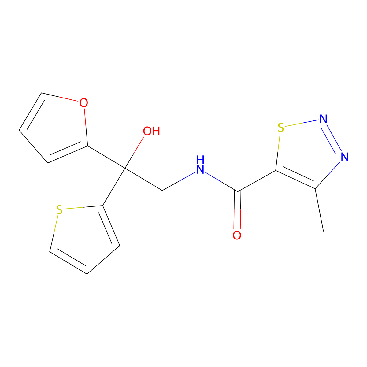 N-(2-(furan-2-yl)-2-hydroxy-2-(thiophen-2-yl)ethyl)-4-methyl-1,2,3-thiadiazole-5-carboxamide molecular structure, CAS 2034262-83-2