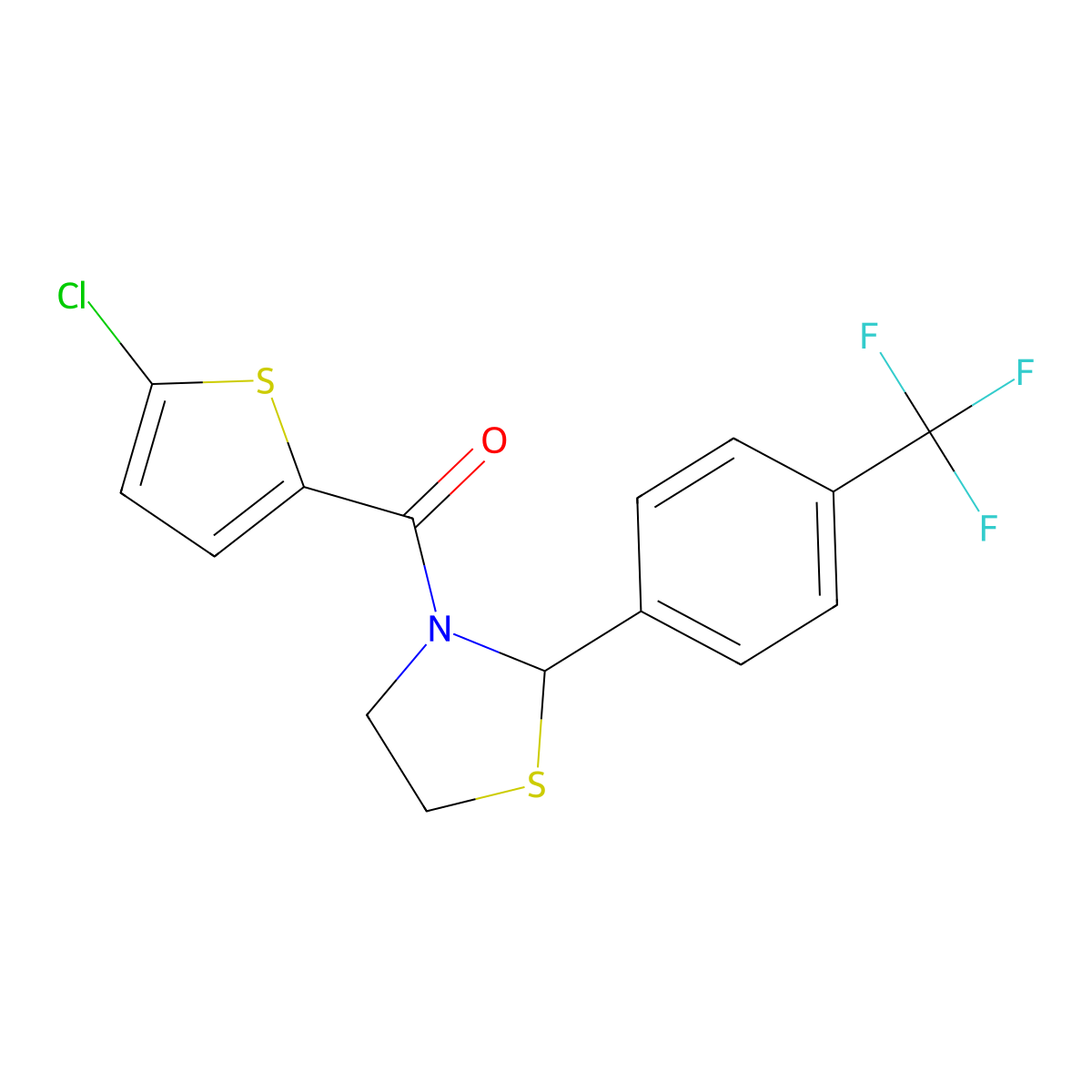 (5-Chlorothiophen-2-yl)(2-(4-(trifluoromethyl)phenyl)thiazolidin-3-yl)methanone molecular structure, CAS 2034262-85-4