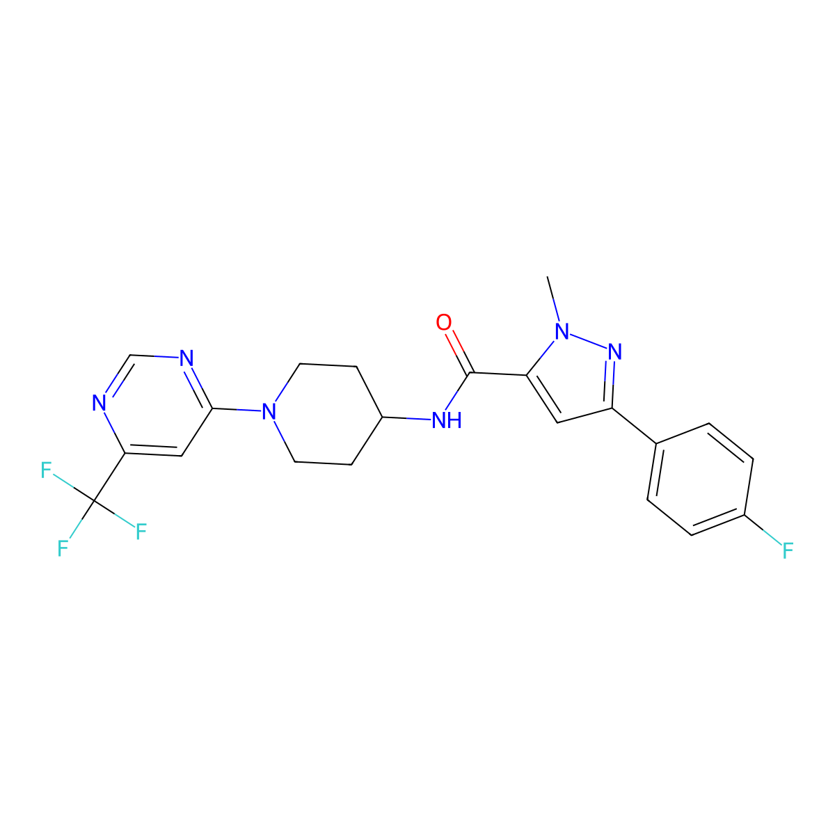3-(4-fluorophenyl)-1-methyl-N-(1-(6-(trifluoromethyl)pyrimidin-4-yl)piperidin-4-yl)-1H-pyrazole-5-carboxamide molecular structure, CAS 2034262-86-5