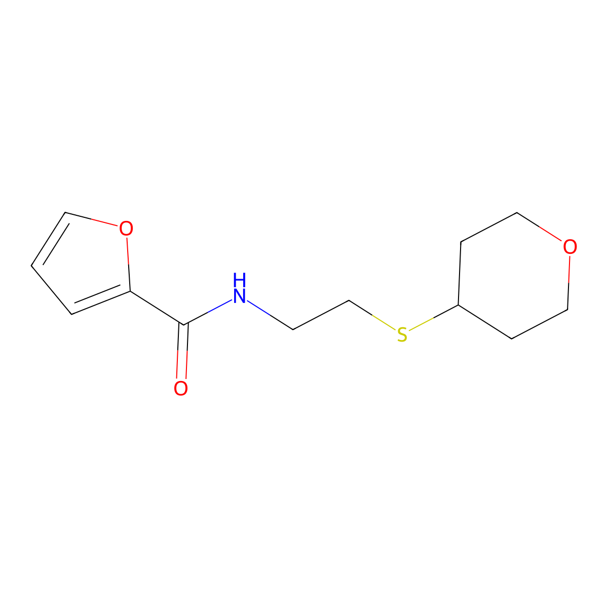N-(2-((tetrahydro-2H-pyran-4-yl)thio)ethyl)furan-2-carboxamide molecular structure, CAS 2034262-95-6