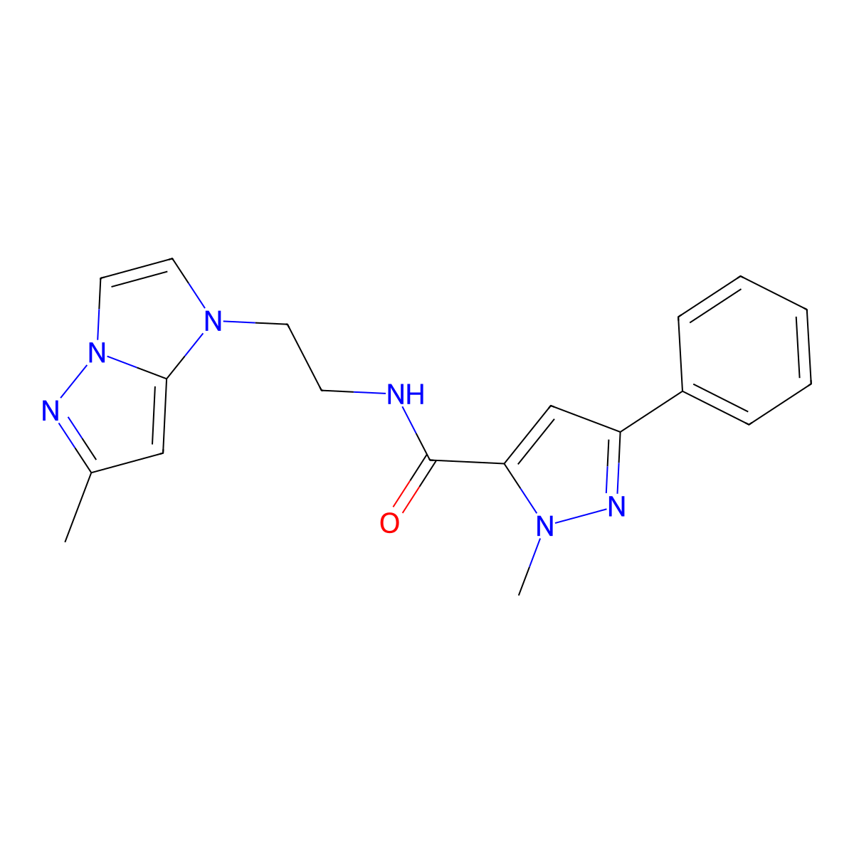 1-methyl-N-(2-(6-methyl-1H-imidazo[1,2-b]pyrazol-1-yl)ethyl)-3-phenyl-1H-pyrazole-5-carboxamide molecular structure, CAS 2034262-98-9
