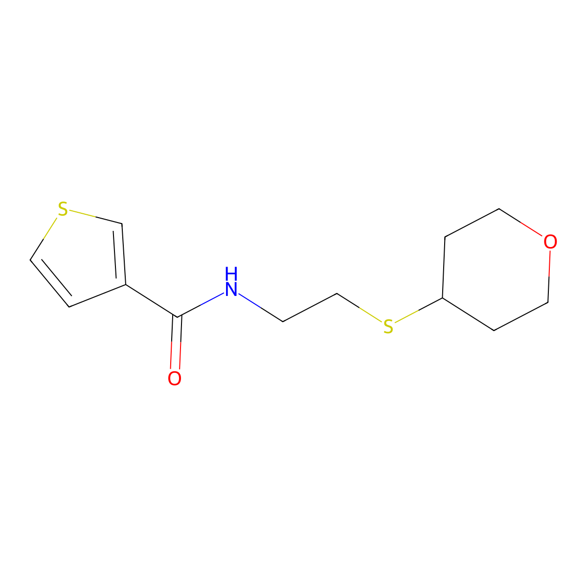 N-(2-((tetrahydro-2H-pyran-4-yl)thio)ethyl)thiophene-3-carboxamide molecular structure, CAS 2034262-99-0