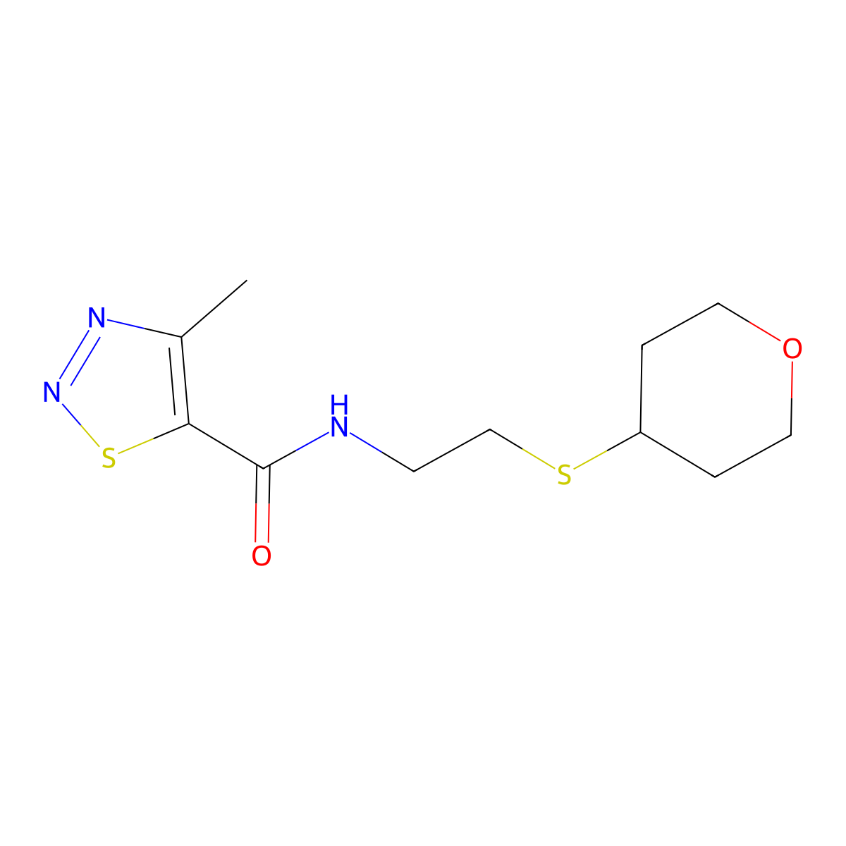 4-methyl-N-(2-((tetrahydro-2H-pyran-4-yl)thio)ethyl)-1,2,3-thiadiazole-5-carboxamide molecular structure, CAS 2034263-04-0