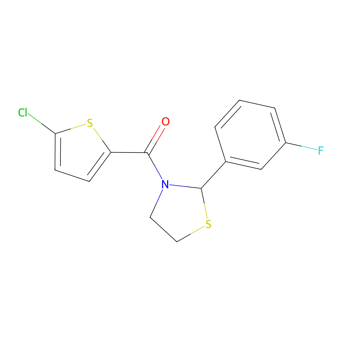 (5-Chlorothiophen-2-yl)(2-(3-fluorophenyl)thiazolidin-3-yl)methanone molecular structure, CAS 2034263-07-3