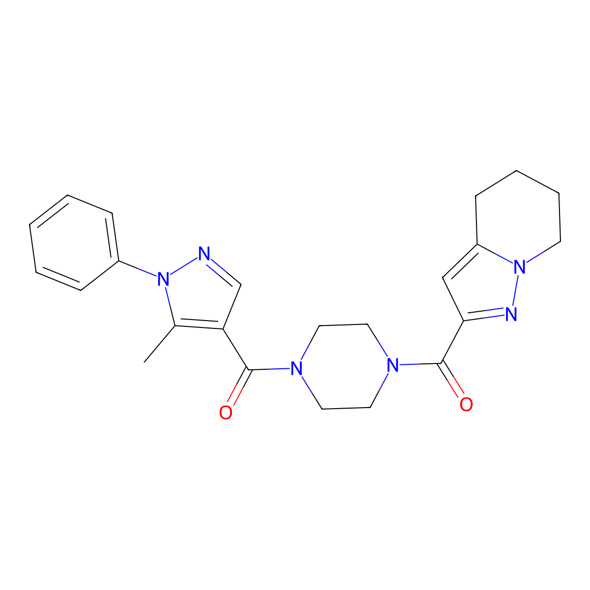 (5-methyl-1-phenyl-1H-pyrazol-4-yl)(4-(4,5,6,7-tetrahydropyrazolo[1,5-a]pyridine-2-carbonyl)piperazin-1-yl)methanone molecular structure, CAS 2034263-12-0
