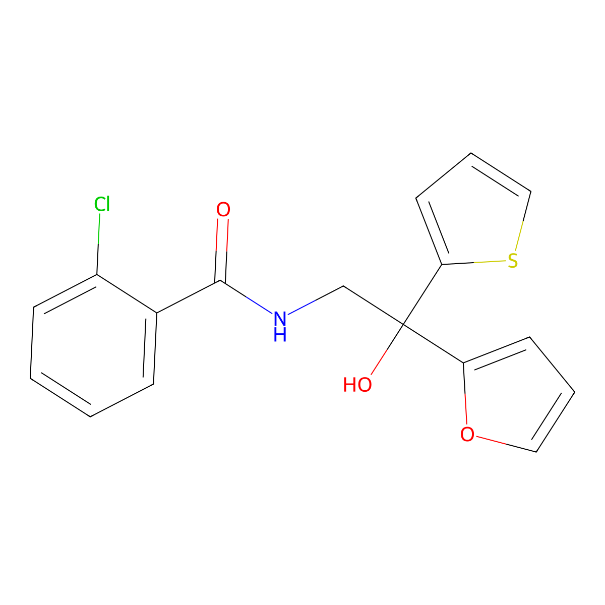 2-chloro-N-(2-(furan-2-yl)-2-hydroxy-2-(thiophen-2-yl)ethyl)benzamide molecular structure, CAS 2034263-14-2