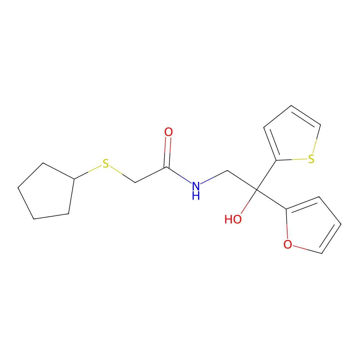 2-(cyclopentylthio)-N-(2-(furan-2-yl)-2-hydroxy-2-(thiophen-2-yl)ethyl)acetamide molecular structure, CAS 2034263-26-6