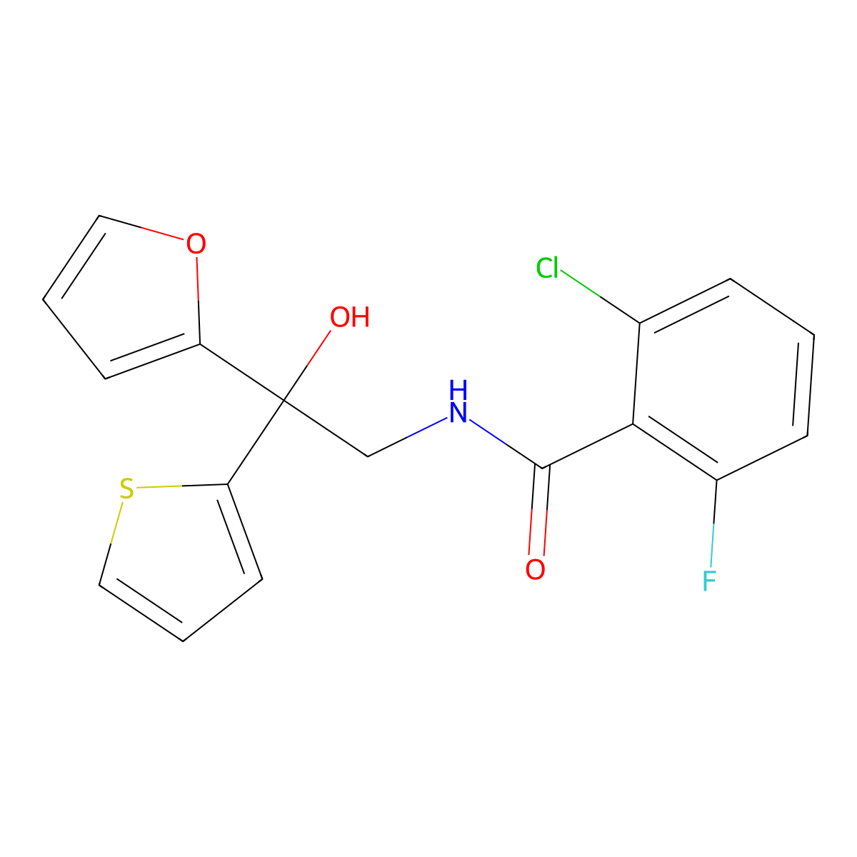 2-chloro-6-fluoro-N-(2-(furan-2-yl)-2-hydroxy-2-(thiophen-2-yl)ethyl)benzamide molecular structure, CAS 2034263-36-8