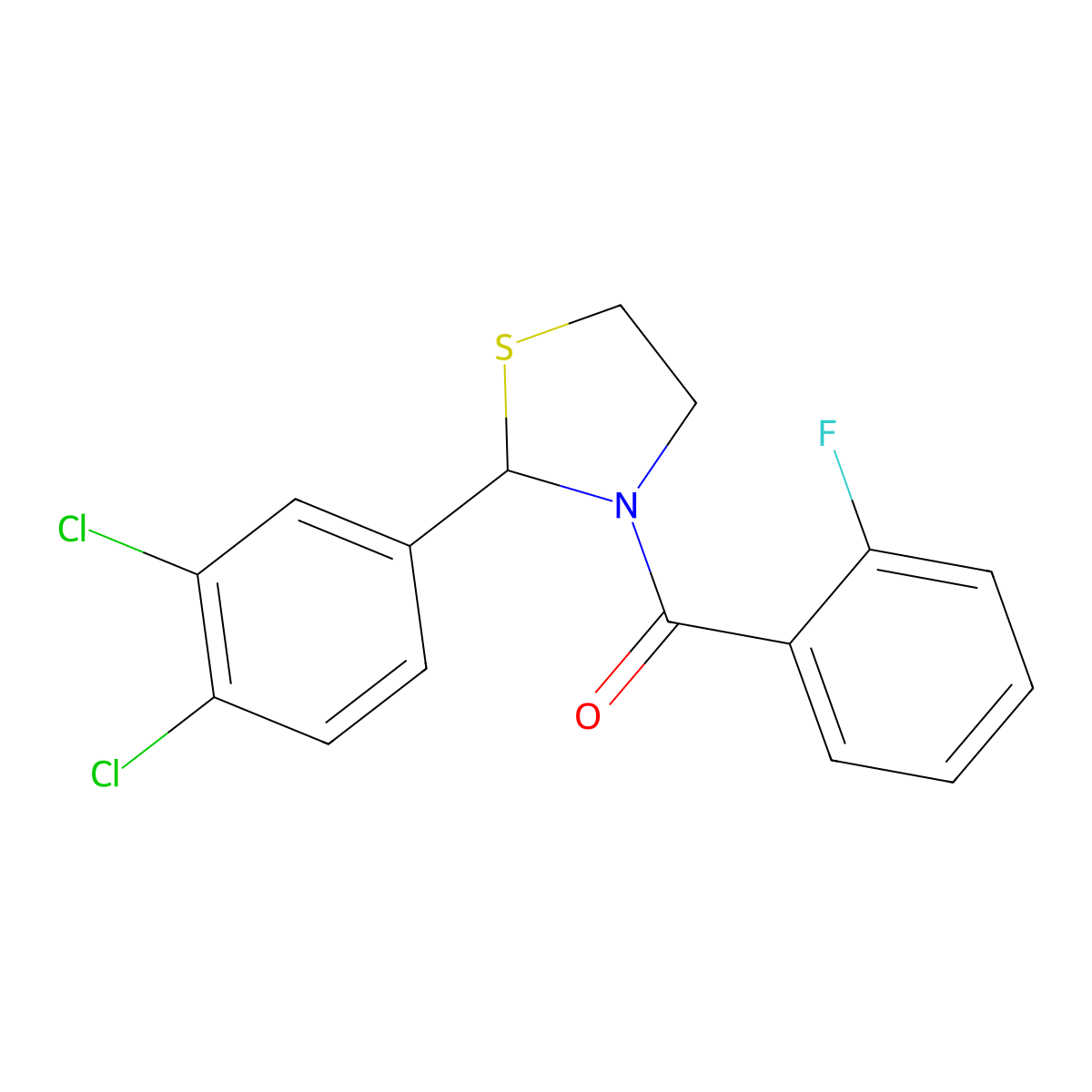 (2-(3,4-Dichlorophenyl)thiazolidin-3-yl)(2-fluorophenyl)methanone molecular structure, CAS 2034263-38-0