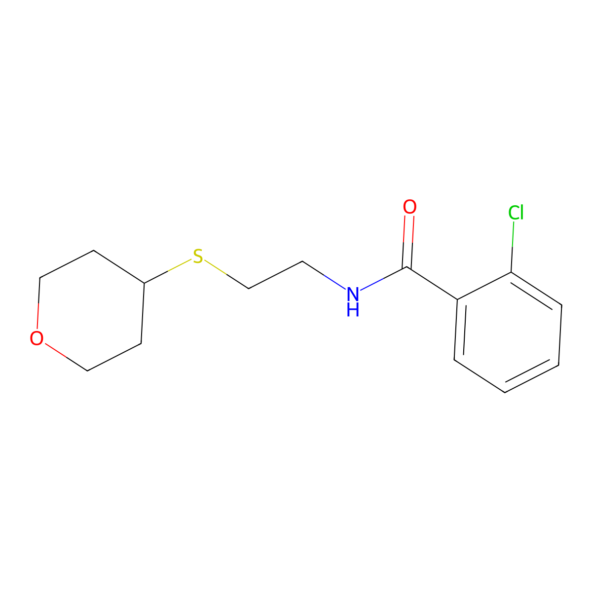 2-chloro-N-(2-((tetrahydro-2H-pyran-4-yl)thio)ethyl)benzamide molecular structure, CAS 2034263-41-5