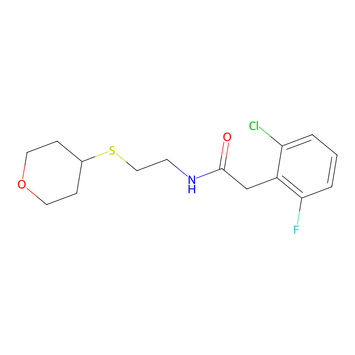 2-(2-chloro-6-fluorophenyl)-N-[2-(oxan-4-ylsulfanyl)ethyl]acetamide molecular structure, CAS 2034263-46-0