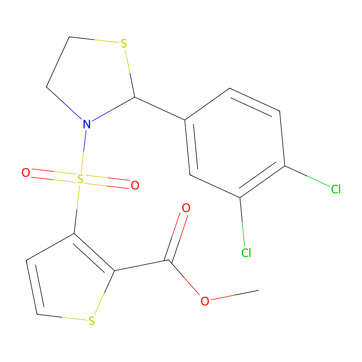 Methyl 3-((2-(3,4-dichlorophenyl)thiazolidin-3-yl)sulfonyl)thiophene-2-carboxylate molecular structure, CAS 2034263-50-6