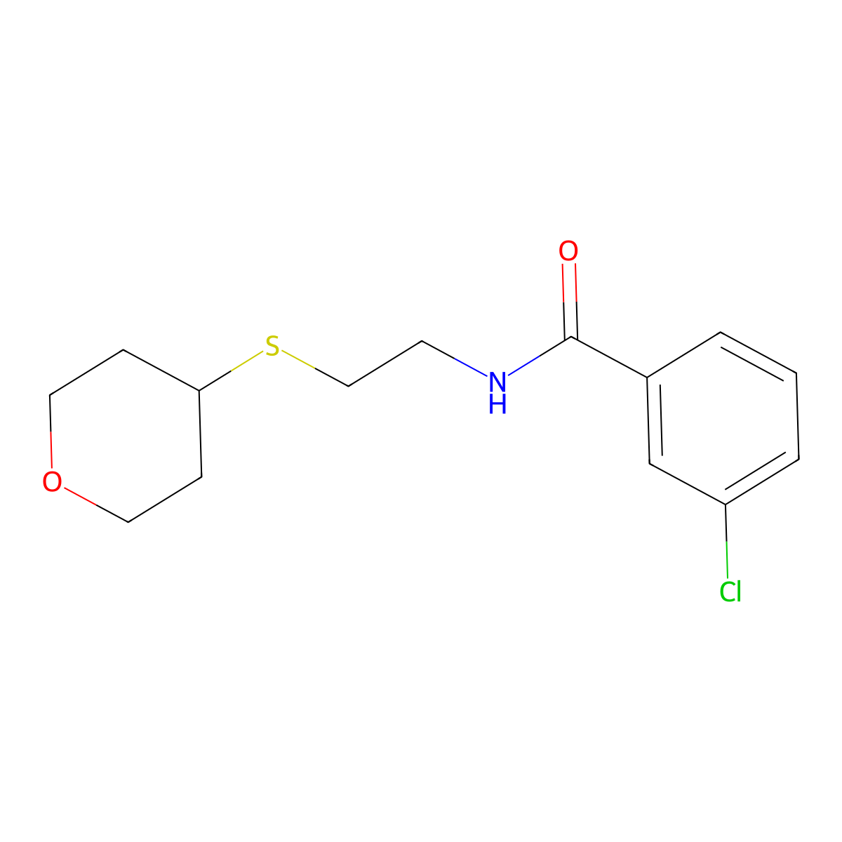 3-chloro-N-(2-((tetrahydro-2H-pyran-4-yl)thio)ethyl)benzamide molecular structure, CAS 2034263-56-2
