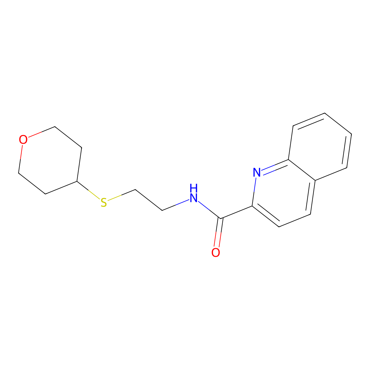 N-[2-(oxan-4-ylsulfanyl)ethyl]quinoline-2-carboxamide molecular structure, CAS 2034263-61-9