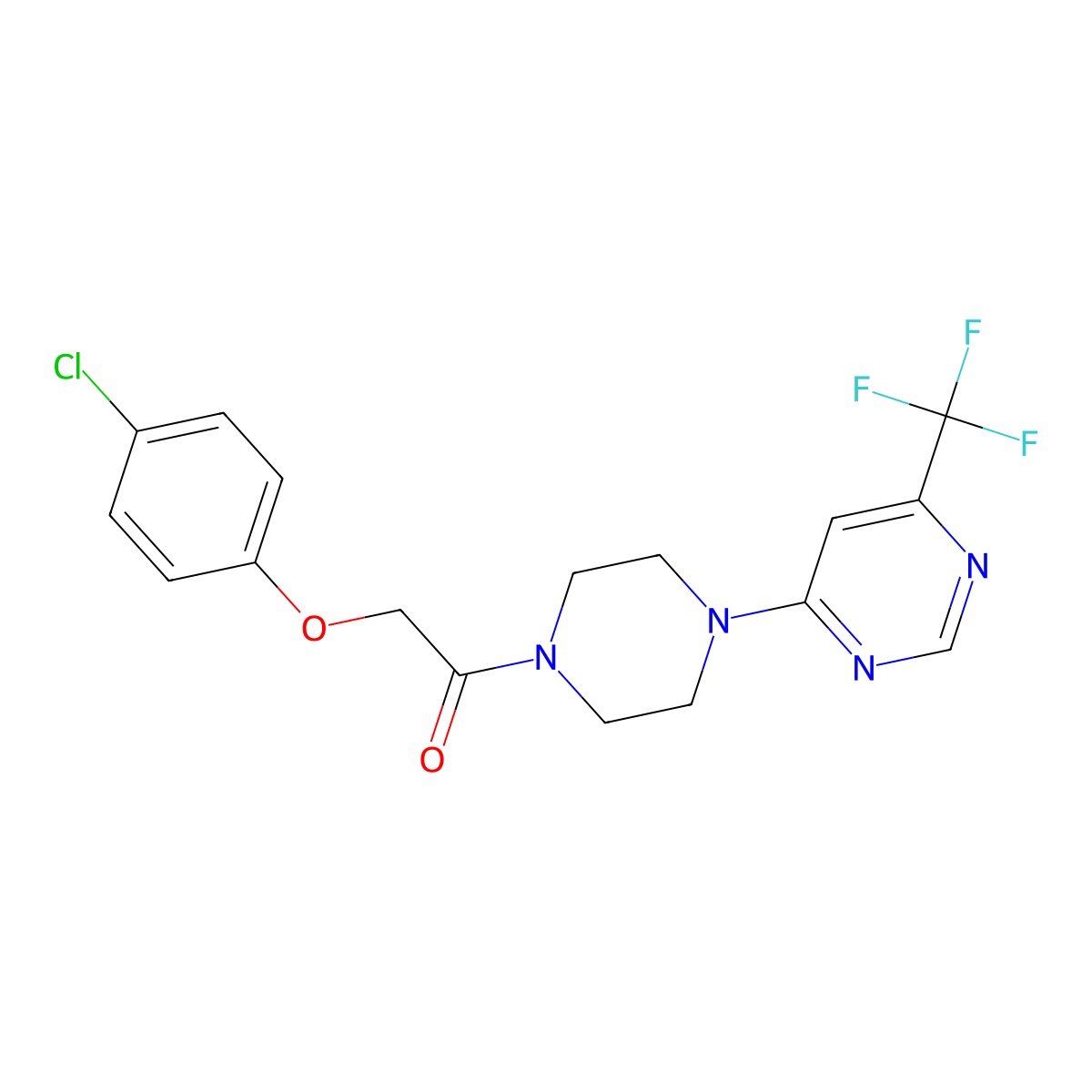 2-(4-Chlorophenoxy)-1-(4-(6-(trifluoromethyl)pyrimidin-4-yl)piperazin-1-yl)ethanone molecular structure, CAS 2034263-66-4
